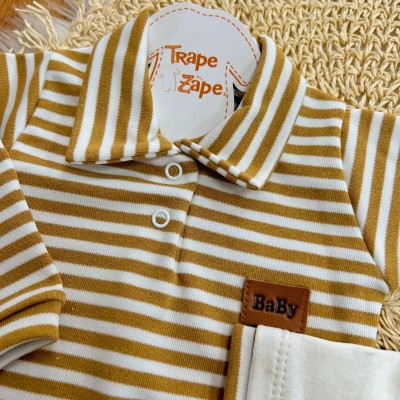 Conj. de Malha 3 peças - Bear Baby Listrado - Areia e Off White